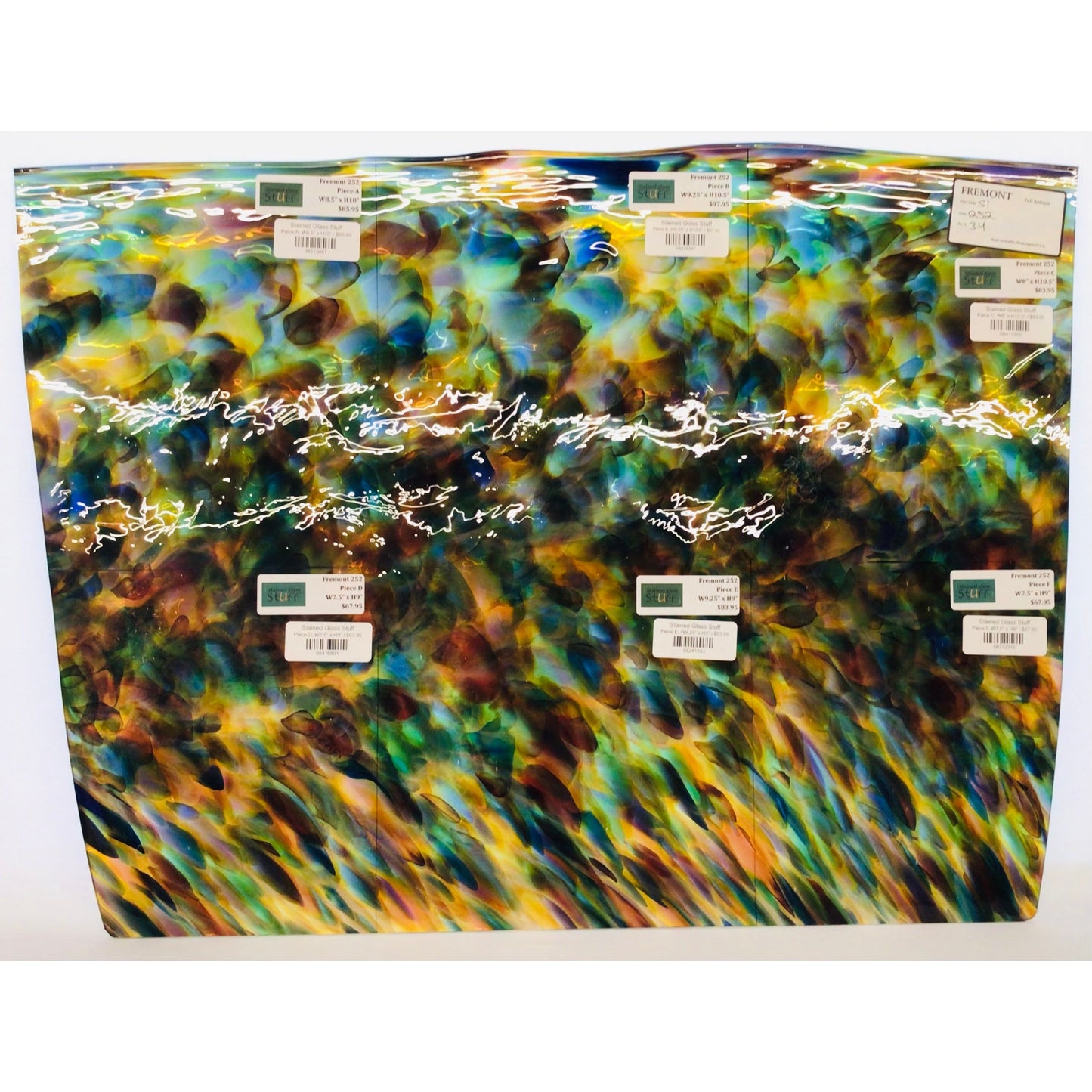 Fremont Antique Glass 252, Blue, Yellow, Burgundy, Amber, Green and Purple Frit on Clear