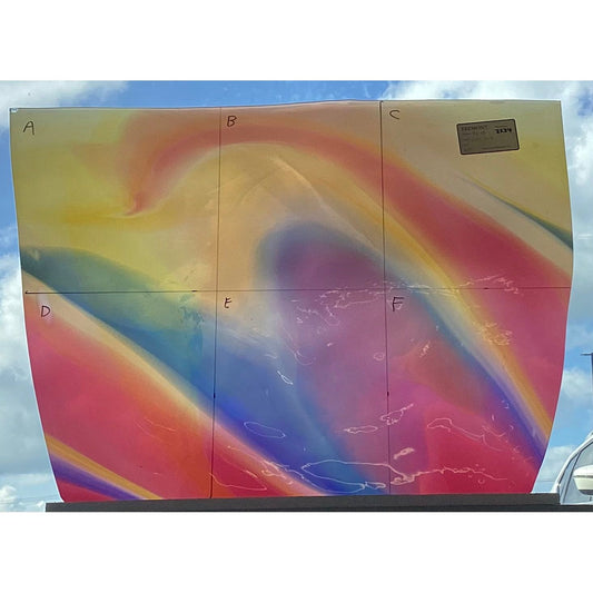 Fremont Antique Glass 2534 - Pink, Yellow, and Blue Streaky on White Translucent