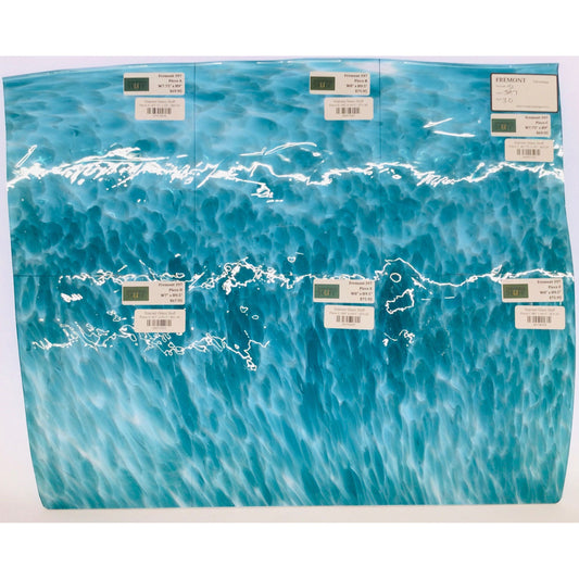 Fremont Antique Glass 397, Teal and White Frit on Clear